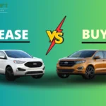 Lease vs Buy a car comparison graphic showing a white SUV for "LEASE" and an orange SUV for "BUY," separated by a lightning bolt