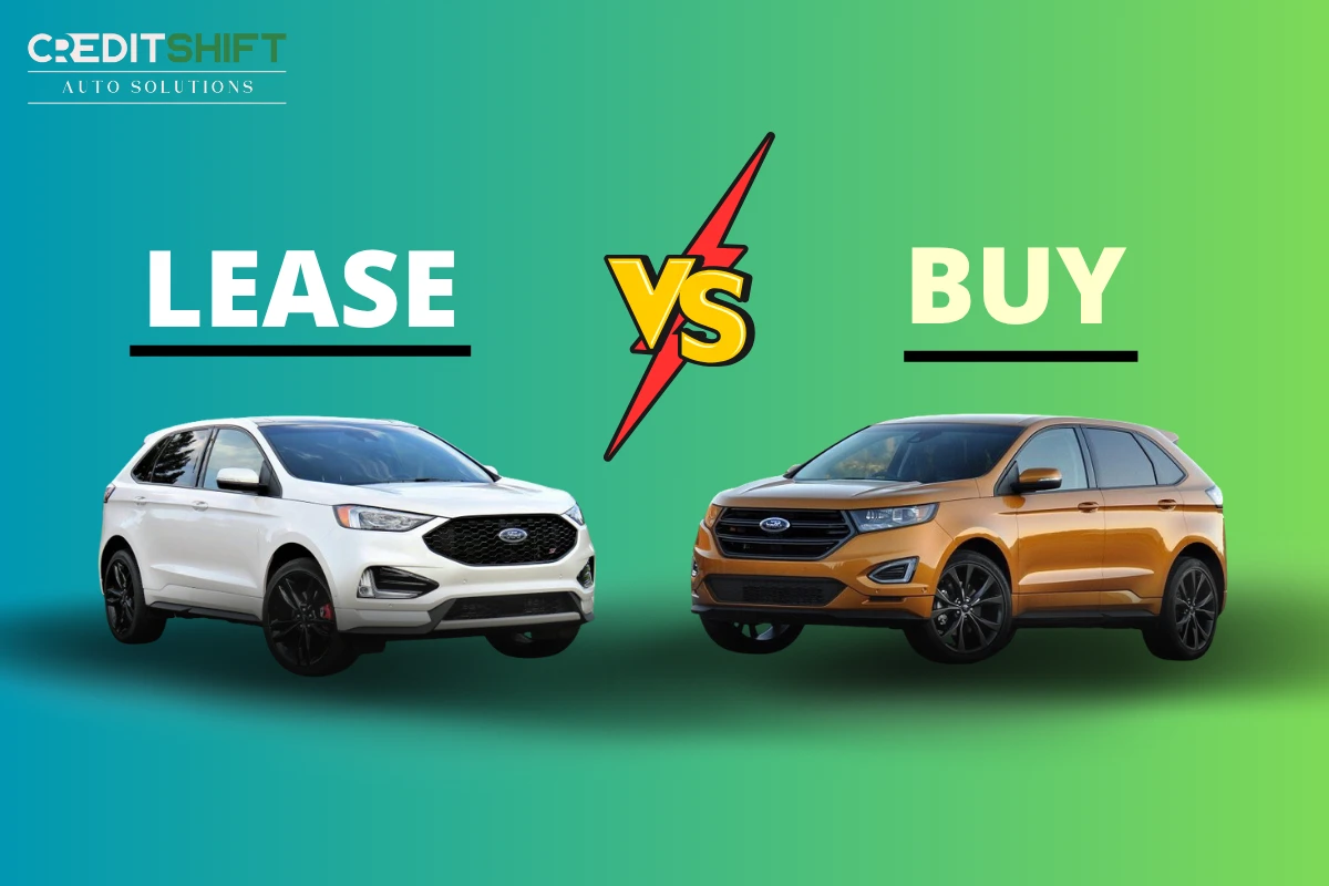 Lease vs Buy a car comparison graphic showing a white SUV for "LEASE" and an orange SUV for "BUY," separated by a lightning bolt