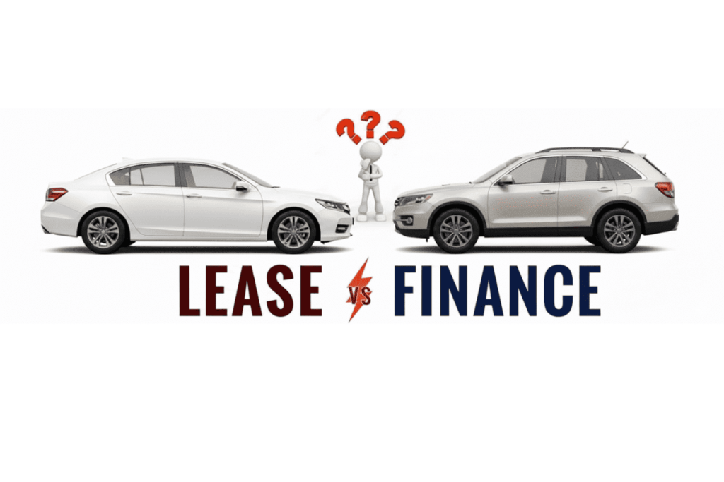 Lease vs Finance a car graphic with two white cars (sedan and SUV) and a person with question marks in between.