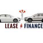 Lease vs Finance a car graphic with two white cars (sedan and SUV) and a person with question marks in between.