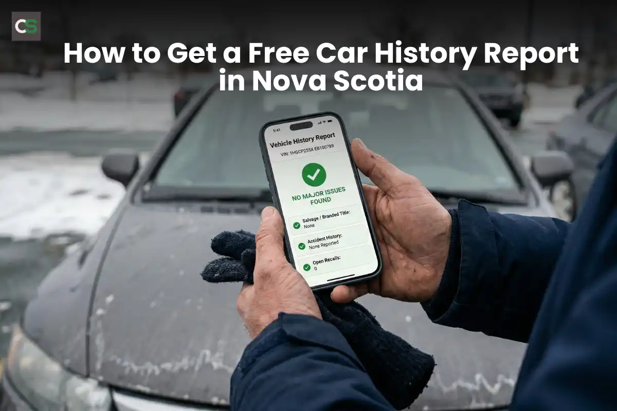 man showcasing free car history report in nova scotia in a mobile with the used car