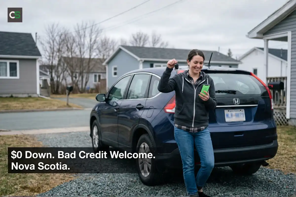 Nova Scotia woman holding zero down car keys.
