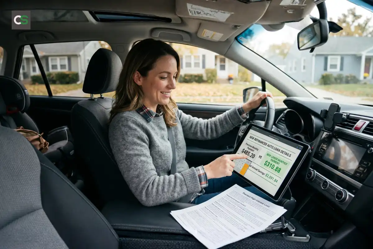 Woman comparing auto loan refinancing rates